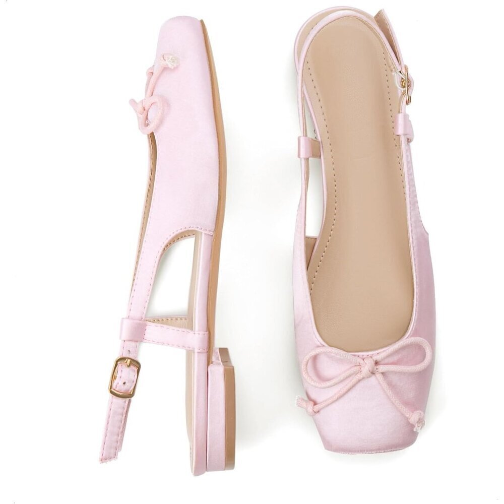 Women's Ballet Flats Slingbacks Square Toe Bow Knit Dressy with Ankle Buckles - Picture 2 of 7